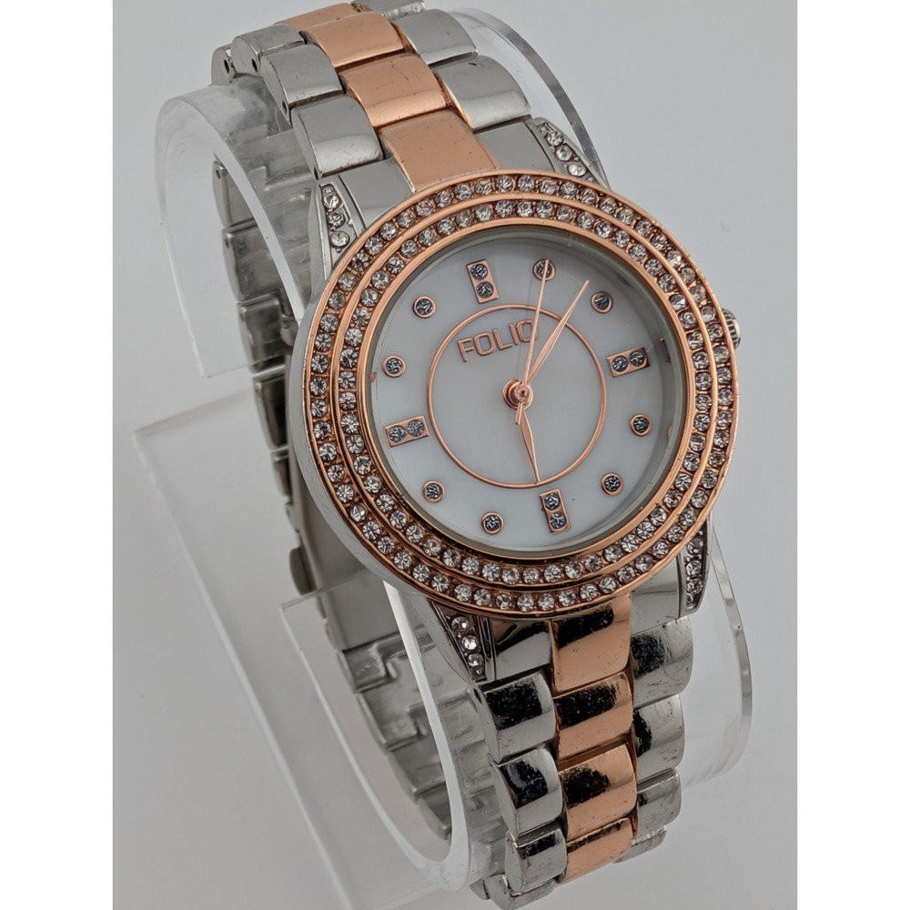 Folio Women's Watch 30mm Case Pave Crystal Bezel MOP Dial 7.5" Band- New Battery